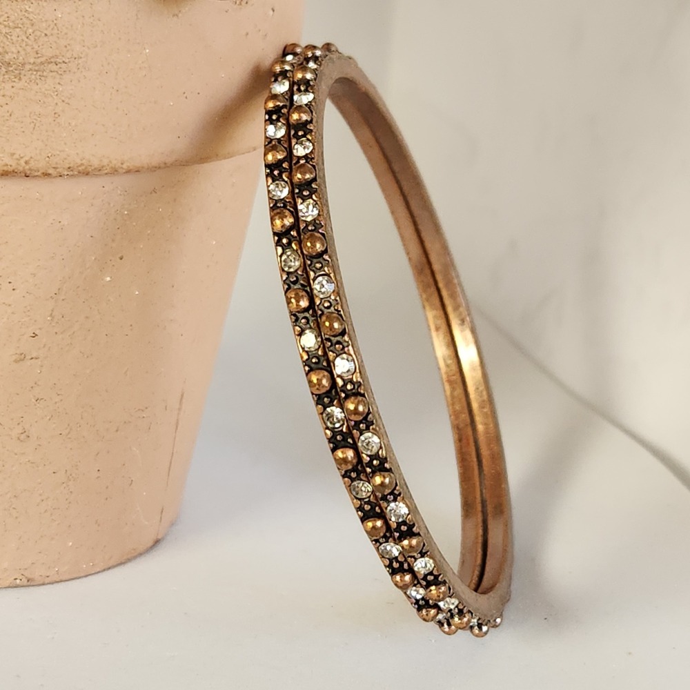 Vintage Style Copper Tone Rhinestone Bangle Bracelet Set of 2 Bohemian Inner 2.5 - Picture 5 of 6